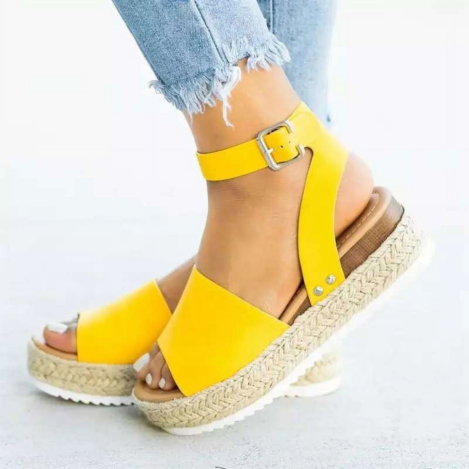 JeashCHAT Woman Summer Sandals Open Toe Buckle Ankle Strap Espadrilles Flatform Wedge Casual Sandal Clearance (Yellow)